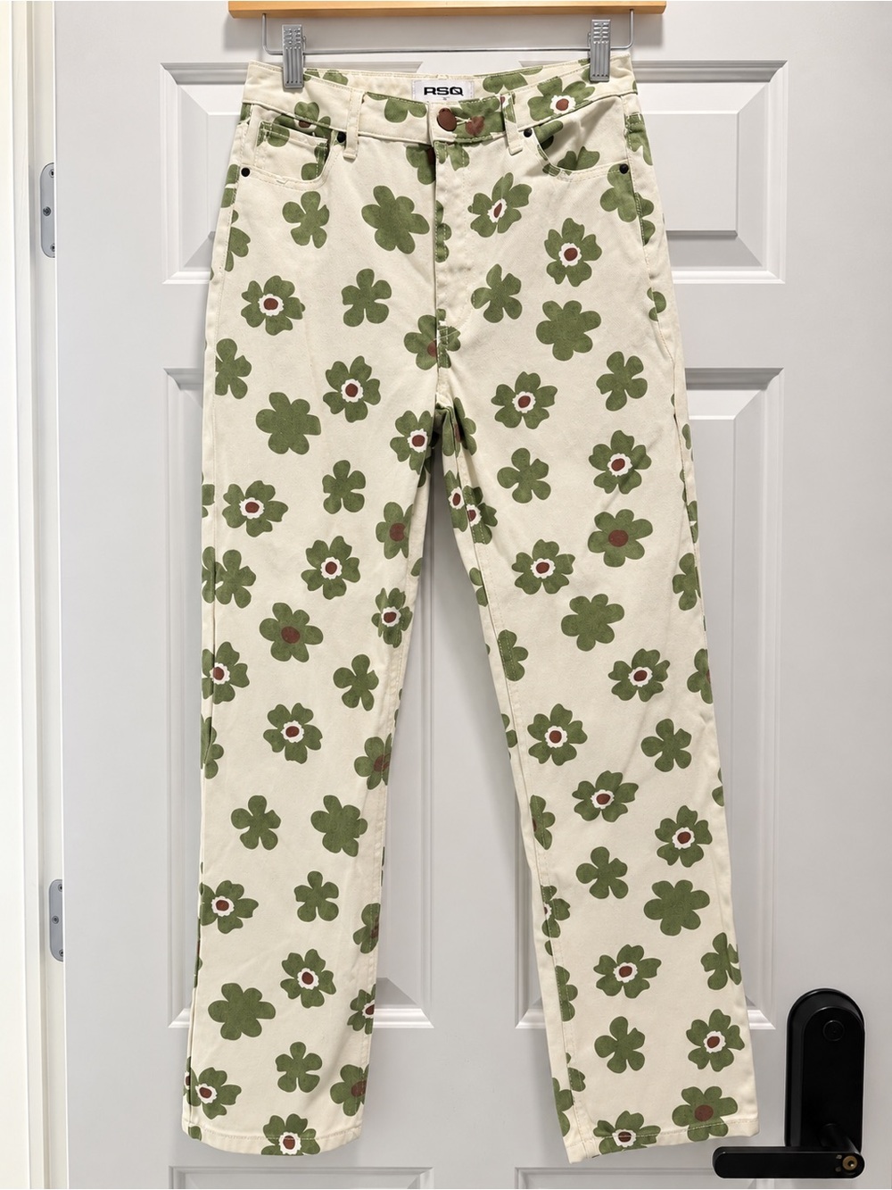 RSQ Size 25 Floral Straight Leg Jeans Green Cream Retro Y2K Statement Denim
